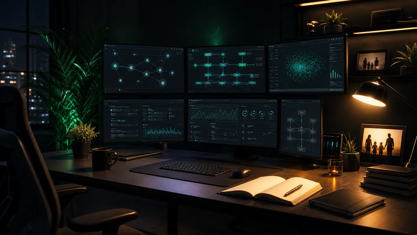 Workspace premium com dashboards de IA, automações e arquitetura de sistemas